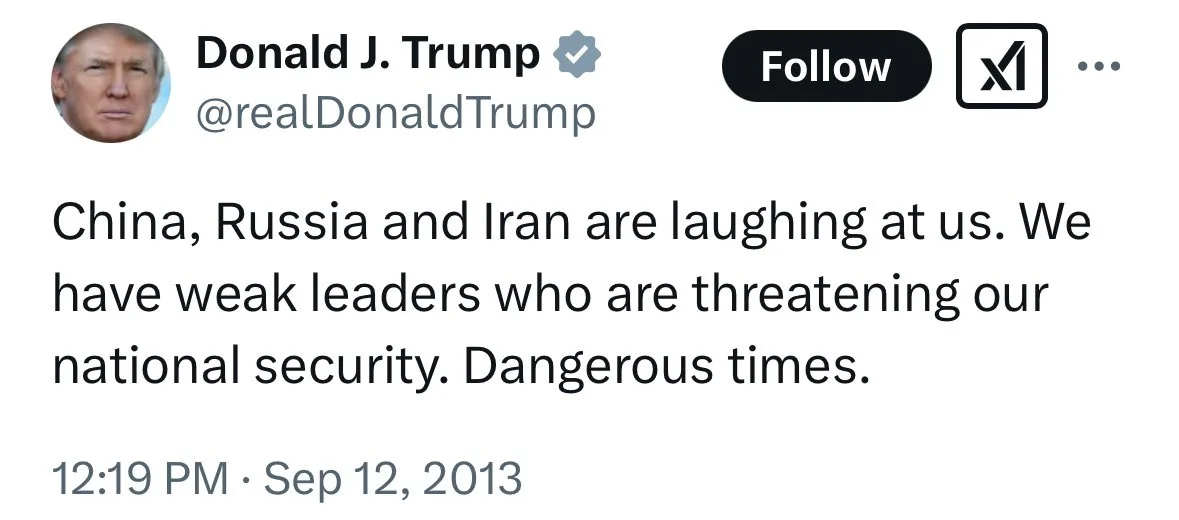A screenshot of a 2013 tweet from Donald J. Trump's verified X account, showing his profile picture, the handle…