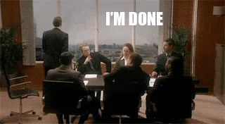 A sequence of six frames from a scene showing a man in a suit standing up from a conference table, walking toward a large…
