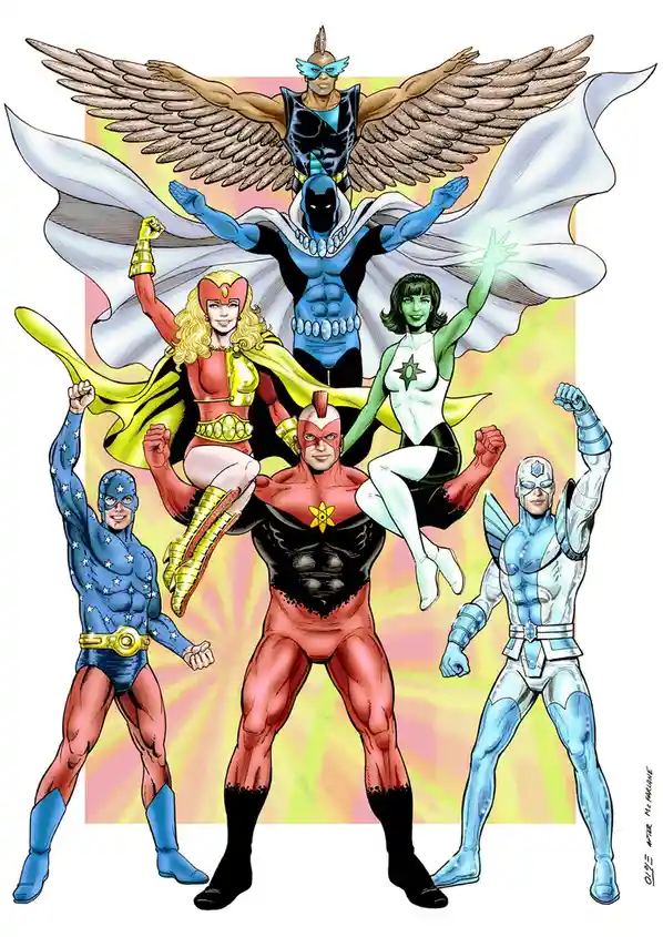 A comic book illustration of six superheroes posing heroically against a radiant background. The central figure is a…