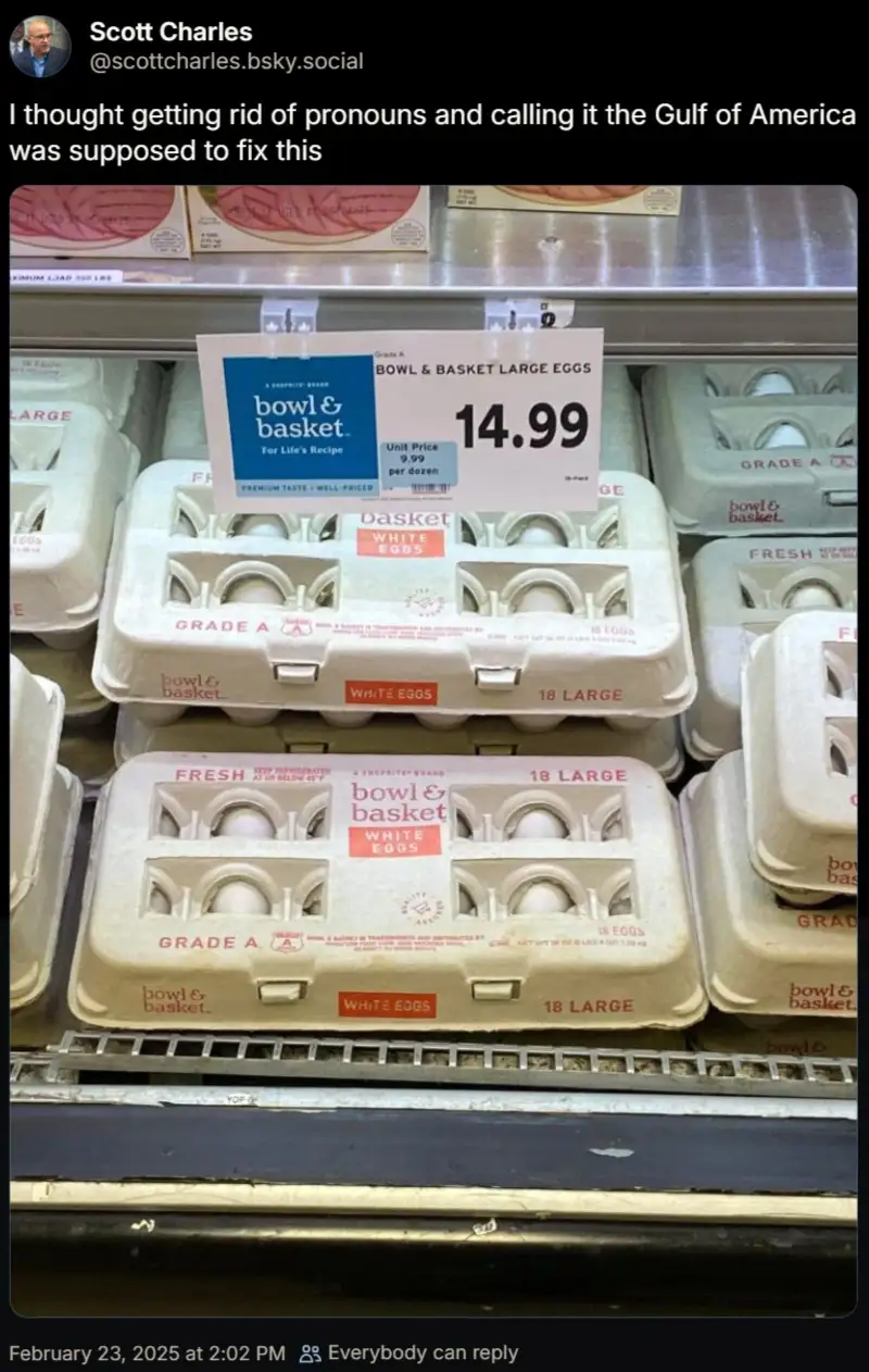 A photo of egg cartons in a grocery store freezer, with a price tag showing $14.99 for 18 large white eggs. The overlaid…