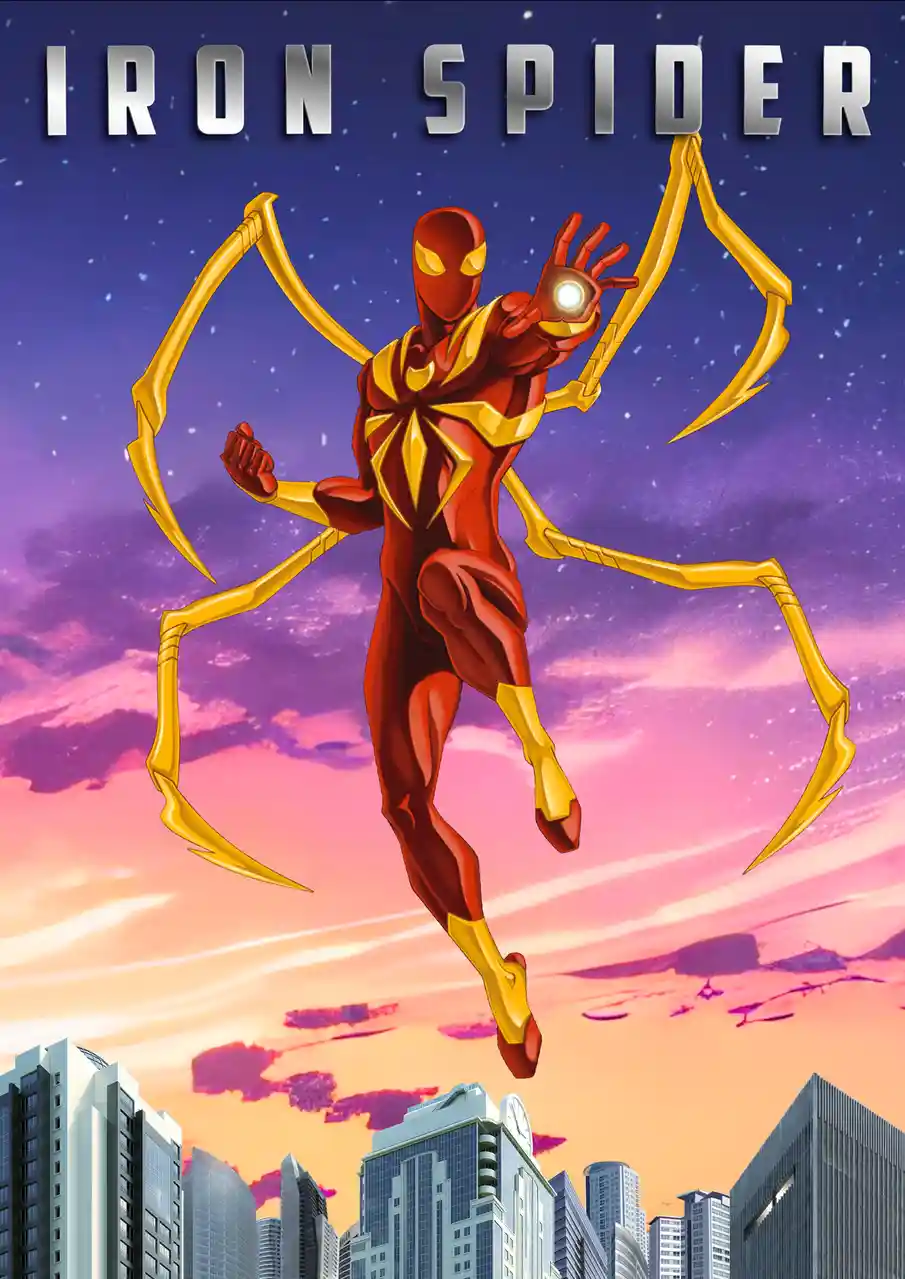 A superhero in a red and gold suit with mechanical spider legs and a glowing palm, flying over a city skyline against a…