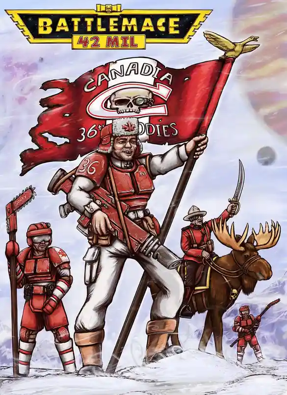 A stylized illustration depicts a group of soldiers in red and white winter gear standing in a snowy, alien landscape. The…