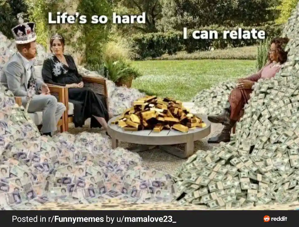 Two people sit on chairs surrounded by piles of money, one with stacks of US dollars and the other with stacks of what…