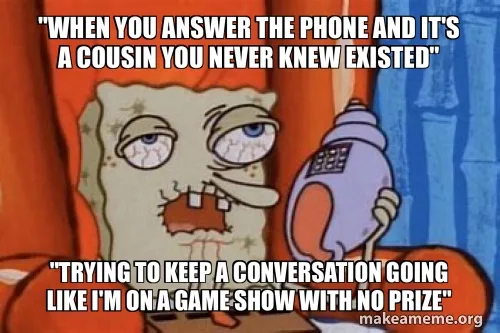SpongeBob SquarePants has a distressed, weary expression, holding a purple bottle, with two lines of white text overlaid…