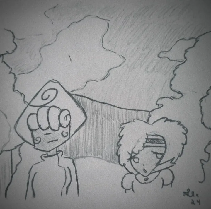 A hand-drawn sketch shows two anime-style characters: one with a diamond-shaped head and a clenched fist, looking stern…