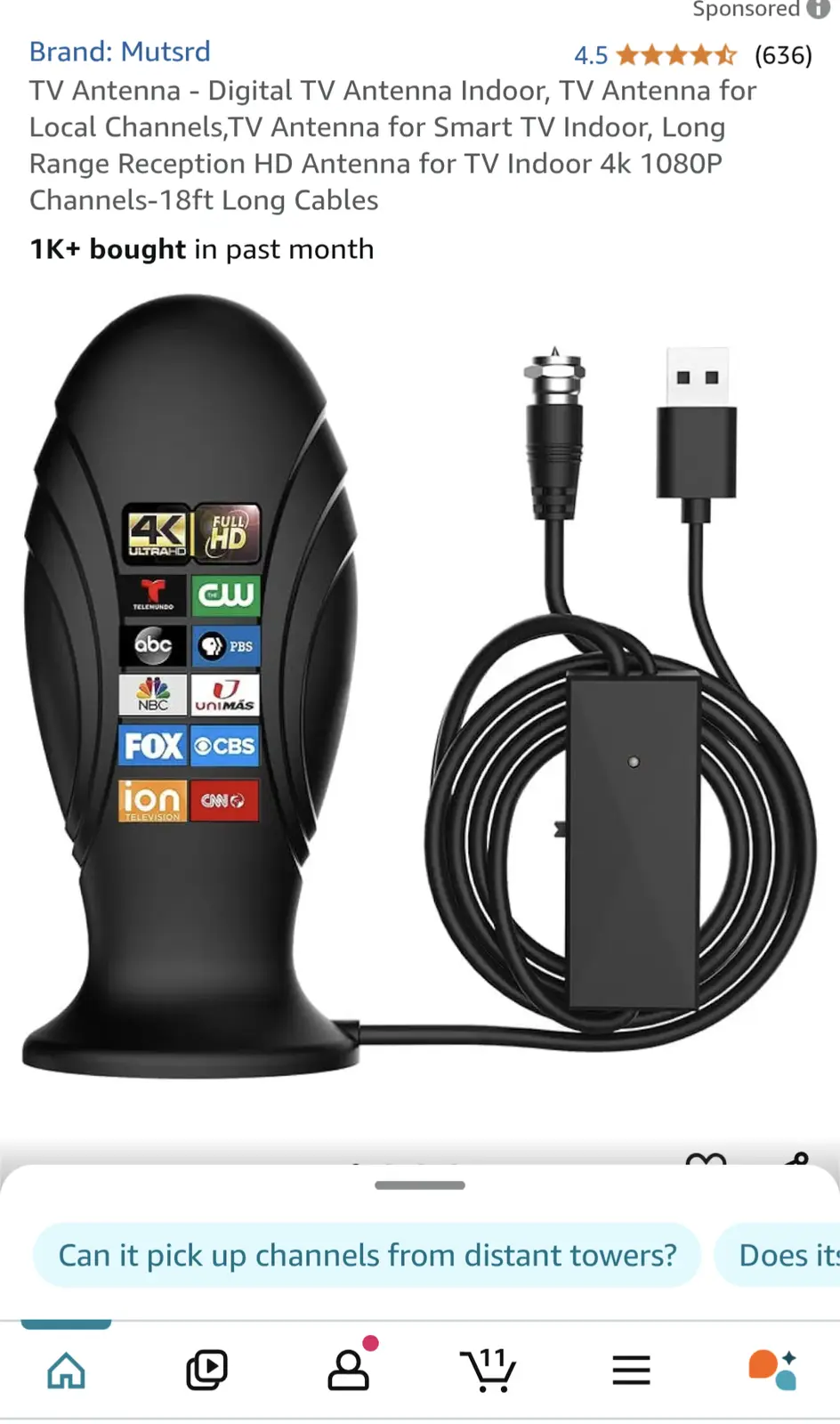 An online product listing for a black indoor TV antenna shows its features and a coiled cable with USB and coax connectors…