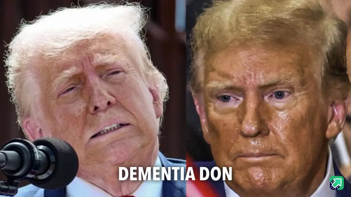 The image displays two side-by-side photos of Donald Trump. The left photo shows him looking tired and slightly dazed, with…