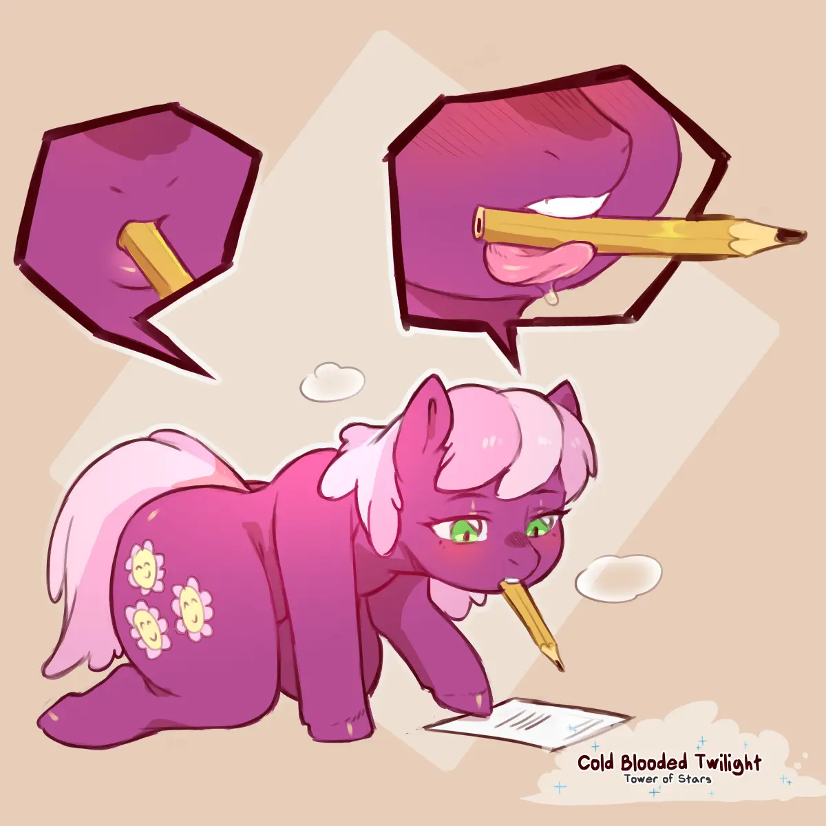 A pink cartoon pony with flower cutie marks is shown struggling to write, biting a pencil while looking stressed. Two…