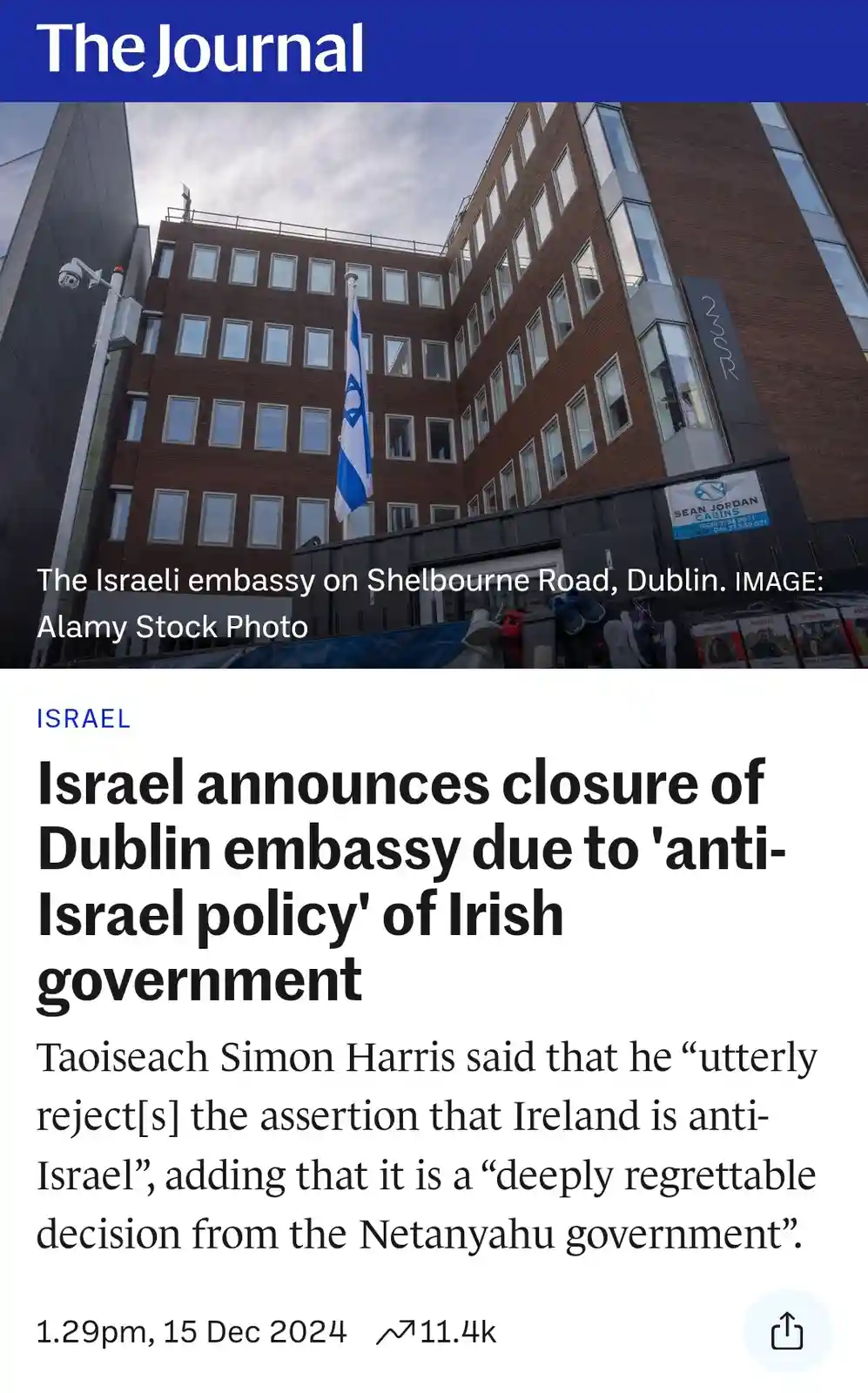 An image of the Israeli embassy in Dublin, with the Israeli flag flying, is overlaid with a fake news article headline from…
