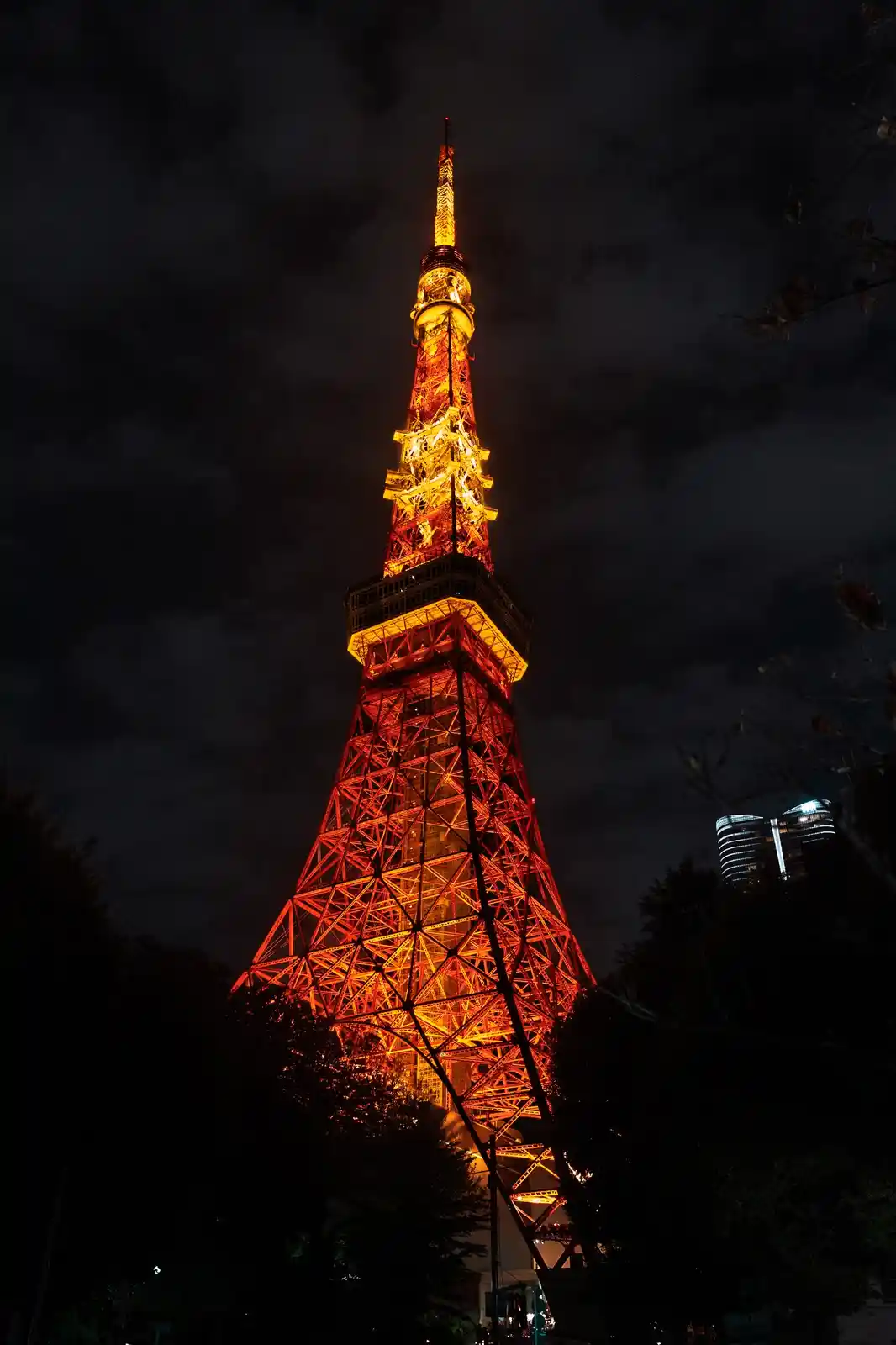 A nighttime photograph of the Tokyo Tower illuminated in warm orange and yellow lights against a dark, cloudy sky, framed by…