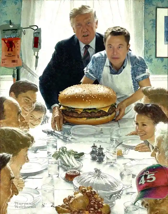 A digitally altered Norman Rockwell-style painting depicts Donald Trump and Elon Musk at a dinner table with a giant…