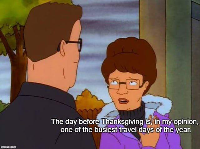 A still from the animated TV show 'King of the Hill' shows a woman with brown hair and glasses, wearing a purple coat with a…