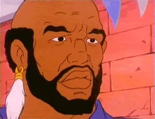 A six-panel animated sequence shows a bald man with a beard and feathered earring, initially looking stern, then…