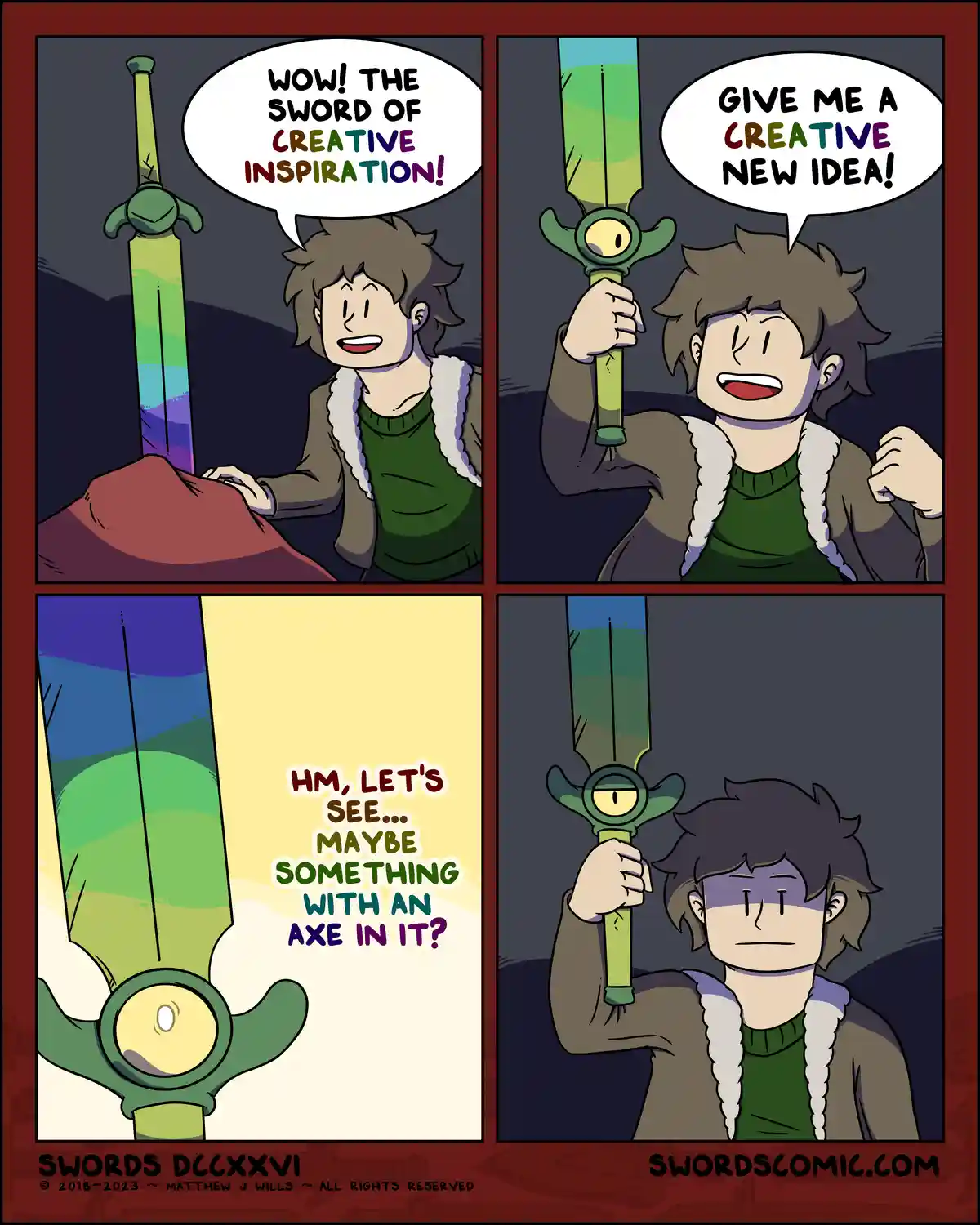 A four-panel comic shows a character excitedly wielding a sword with a rainbow gradient and an eye in its hilt, which he…