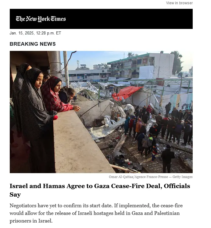 A screenshot of a New York Times article dated Jan 15, 2025, showing a photo of people looking over a damaged structure in a…
