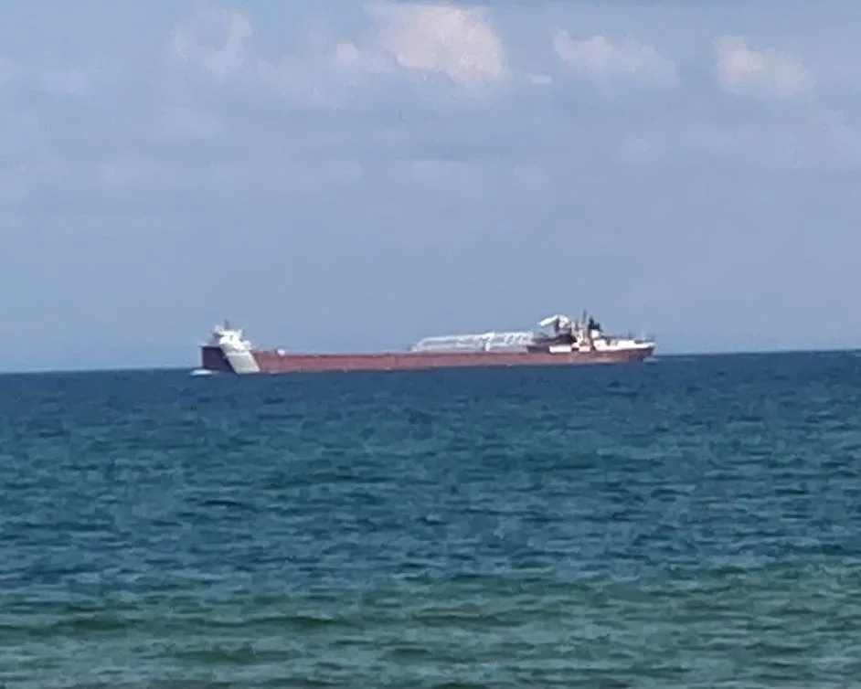 A large red cargo ship is seen sailing on a calm blue ocean under a partly cloudy sky. The overlaid text reads 'i'm not a…