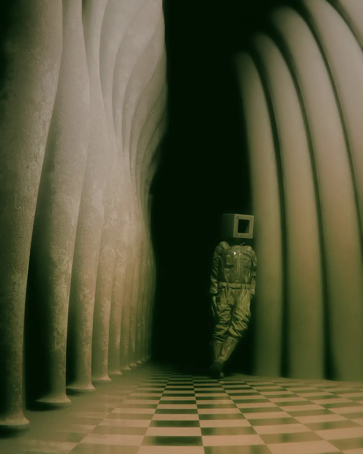 A person in a full-body jumpsuit with a square, hollow head stands in a dimly lit corridor with checkered flooring and tall…