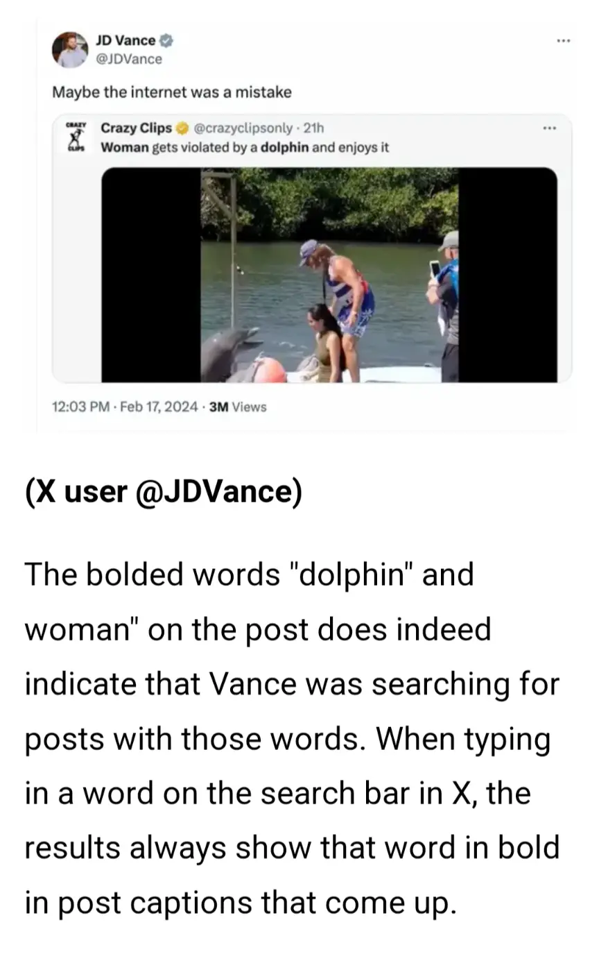 A screenshot of a tweet from JD Vance showing a video post titled 'Woman gets violated by a dolphin and enjoys it'. The…
