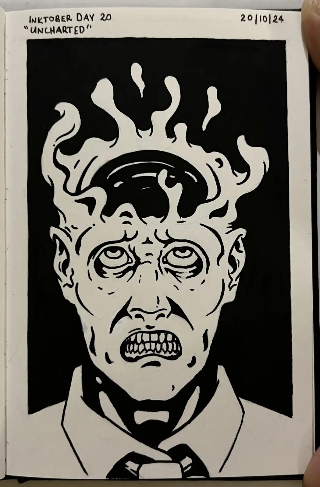 A black-and-white ink drawing depicts a man in a collared shirt and tie with a terrified, screaming expression, his head…