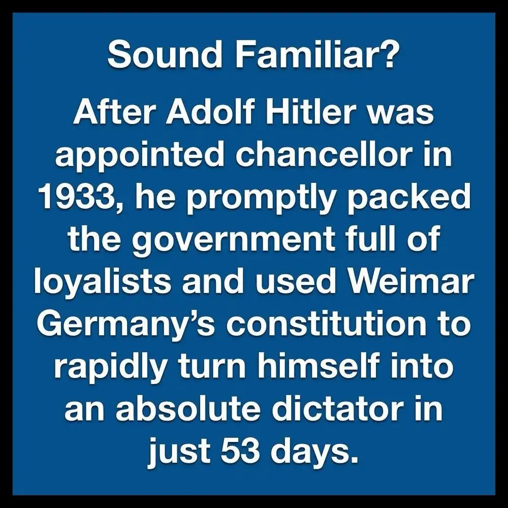 A solid blue background with white text that reads 'Sound Familiar? After Adolf Hitler was appointed chancellor in 1933, he…