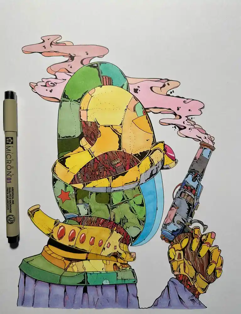 A colorful, stylized drawing of a large, segmented robot with a yellow and green body, red internal gears, and a mechanical…