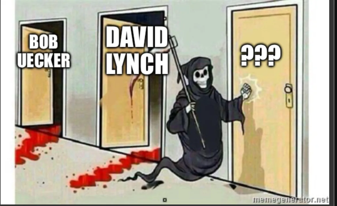 A cartoon grim reaper stands in a hallway, knocking on a door labeled '???', while blood trails lead from the door labeled…