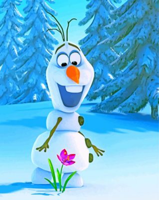 A cheerful animated snowman with twig arms and a carrot nose stands in a snowy forest, smiling broadly at a single pink…