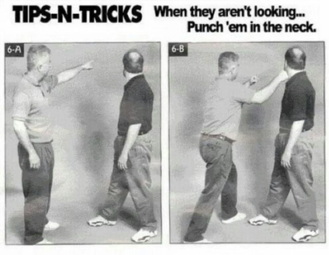 A black-and-white instructional image titled 'TIPS-N-TRICKS' shows two panels: 6-A depicts a man pointing at another man who…