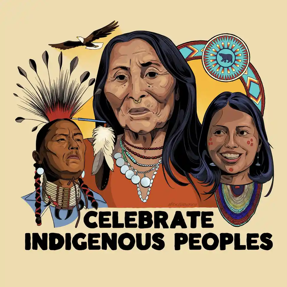 An illustrated image features three Indigenous people: a man with a feathered headdress and braided hair, a central woman…