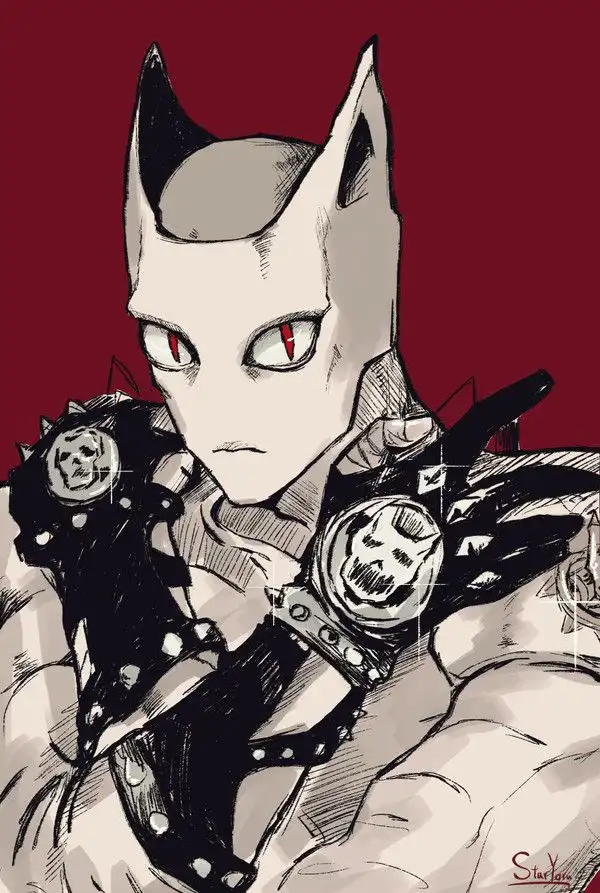 A stylized anime character with cat-like ears and red eyes, wearing ornate black armor with skull motifs, stares intensely…