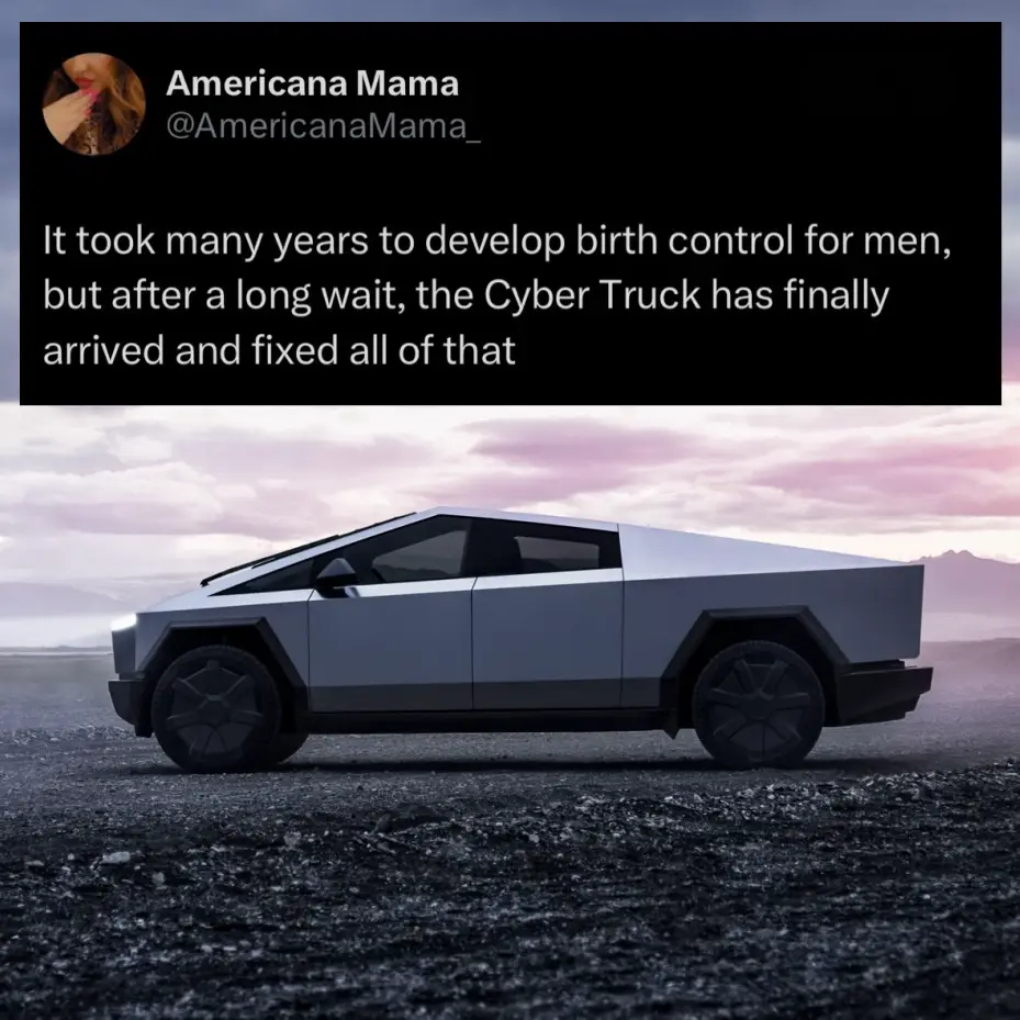 A screenshot of a tweet from 'Americana Mama' overlaid on an image of a silver Tesla Cybertruck parked on gravel. The tweet…