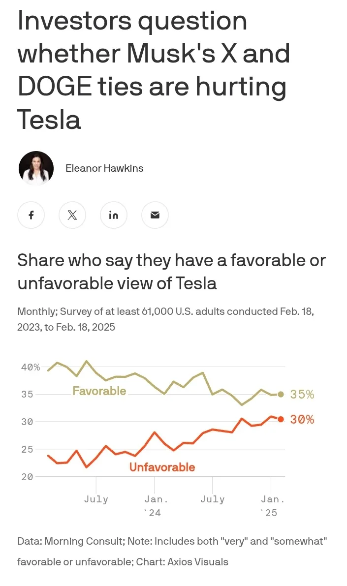 A screenshot of a news article titled 'Investors question whether Musk's X and DOGE ties are hurting Tesla' by Eleanor…