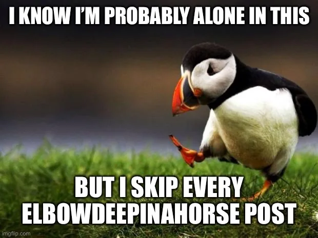 A photograph of a puffin standing on green grass, looking down with one foot lifted as if mid-step. The image has white bold…