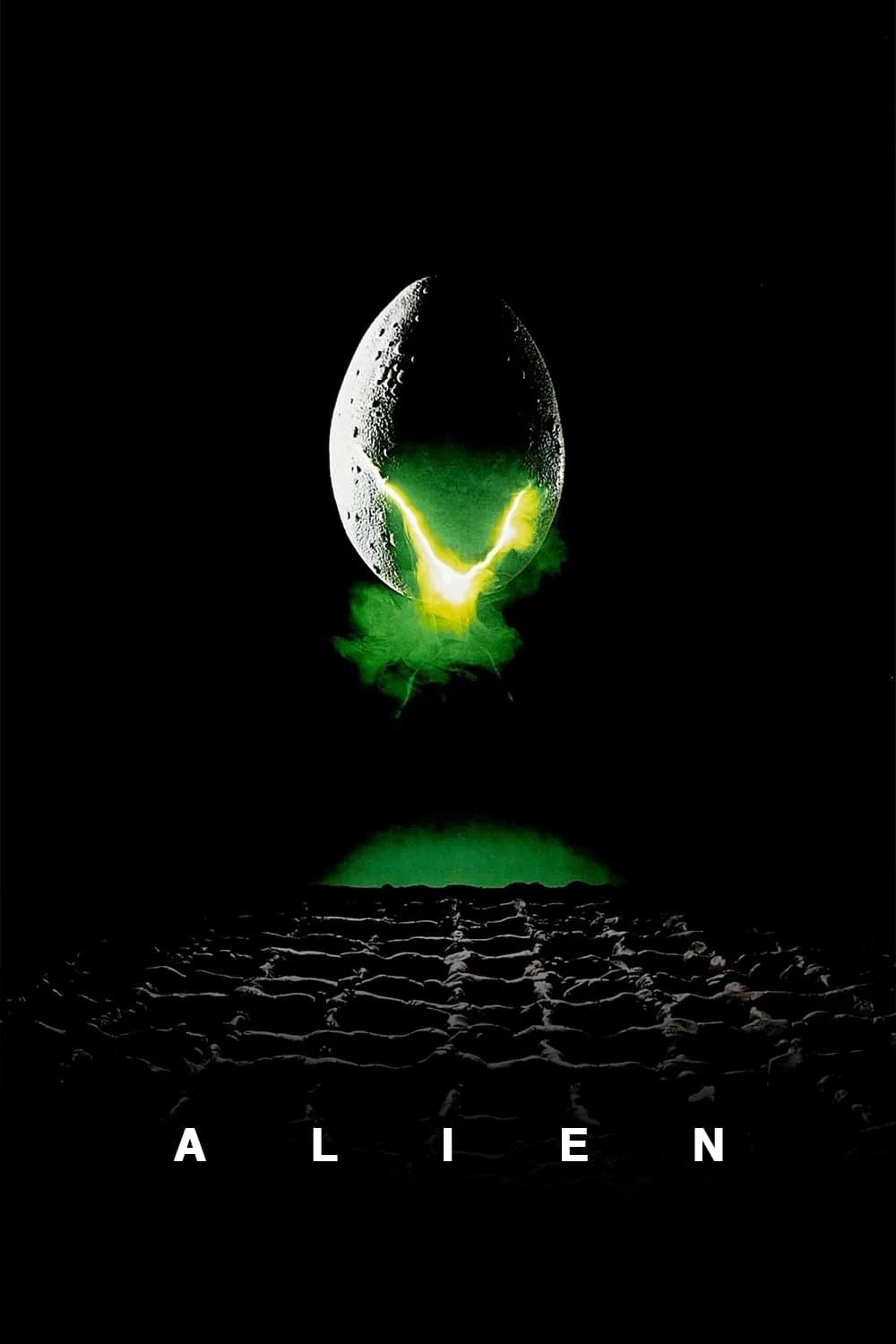 A dark movie poster for the film 'Alien' shows a large, textured, egg-shaped object floating in space, glowing with a bright…