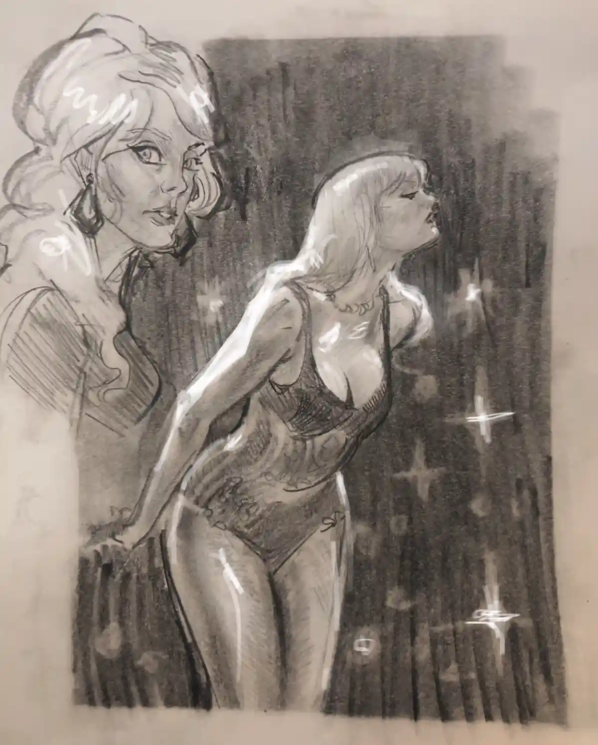 A pencil sketch depicts two women; one in the foreground wearing a corset and looking upward, while another woman behind her…