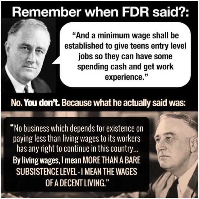 The image features two black-and-white photos of Franklin D. Roosevelt. The top section shows FDR with a speech bubble…