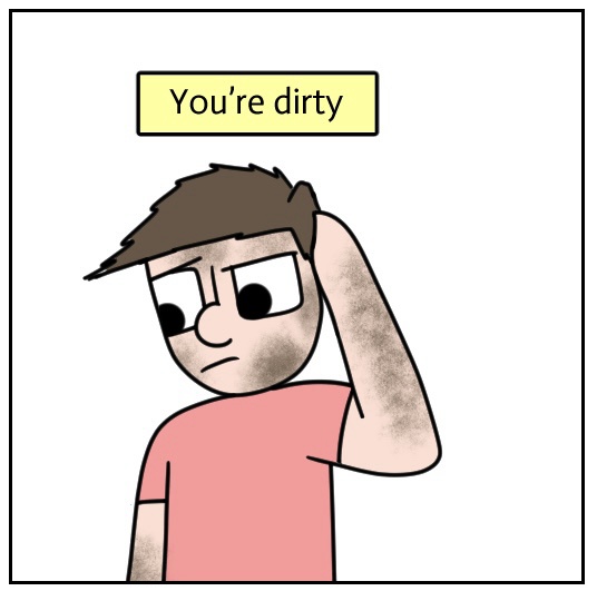 A cartoon man with brown hair and a pink shirt looks annoyed while scratching his head, which has visible dirt smudges on…