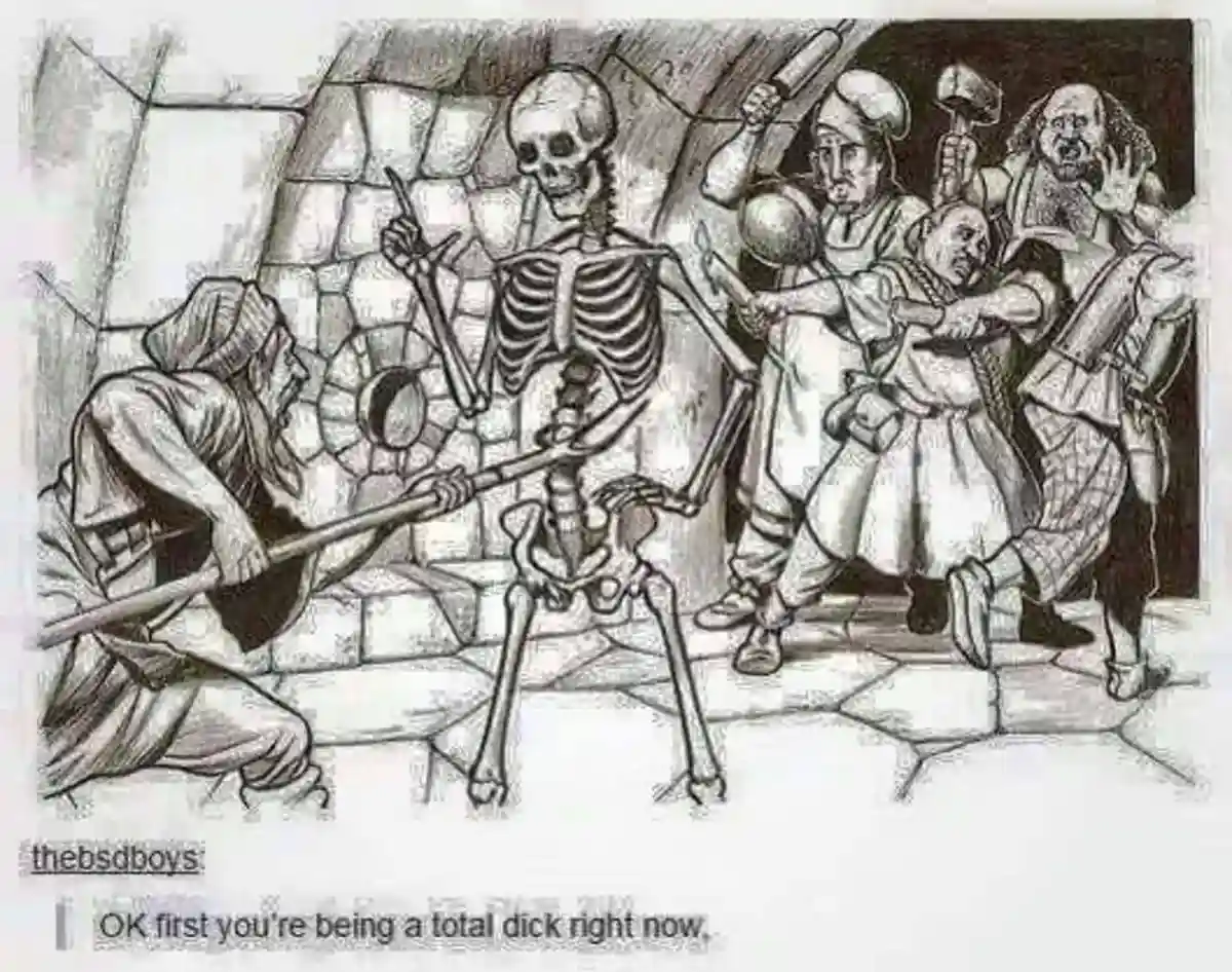 A black-and-white drawing shows a skeleton standing in a stone-walled room, holding a long pole while a man in a hood kneels…