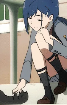 A six-panel anime still shows a blue-haired girl in a school uniform sitting on a ledge, gently petting a black cat. Her…