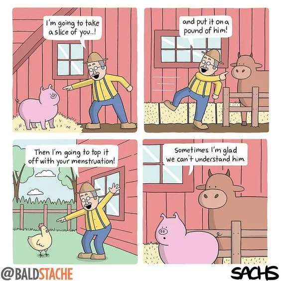 A four-panel comic strip shows a man in a yellow striped shirt and hat talking to farm animals. In the first panel, he…