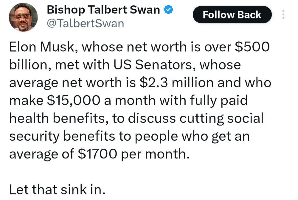 A screenshot of a tweet from Bishop Talbert Swan showing a text block that contrasts Elon Musk's $500 billion net worth with…