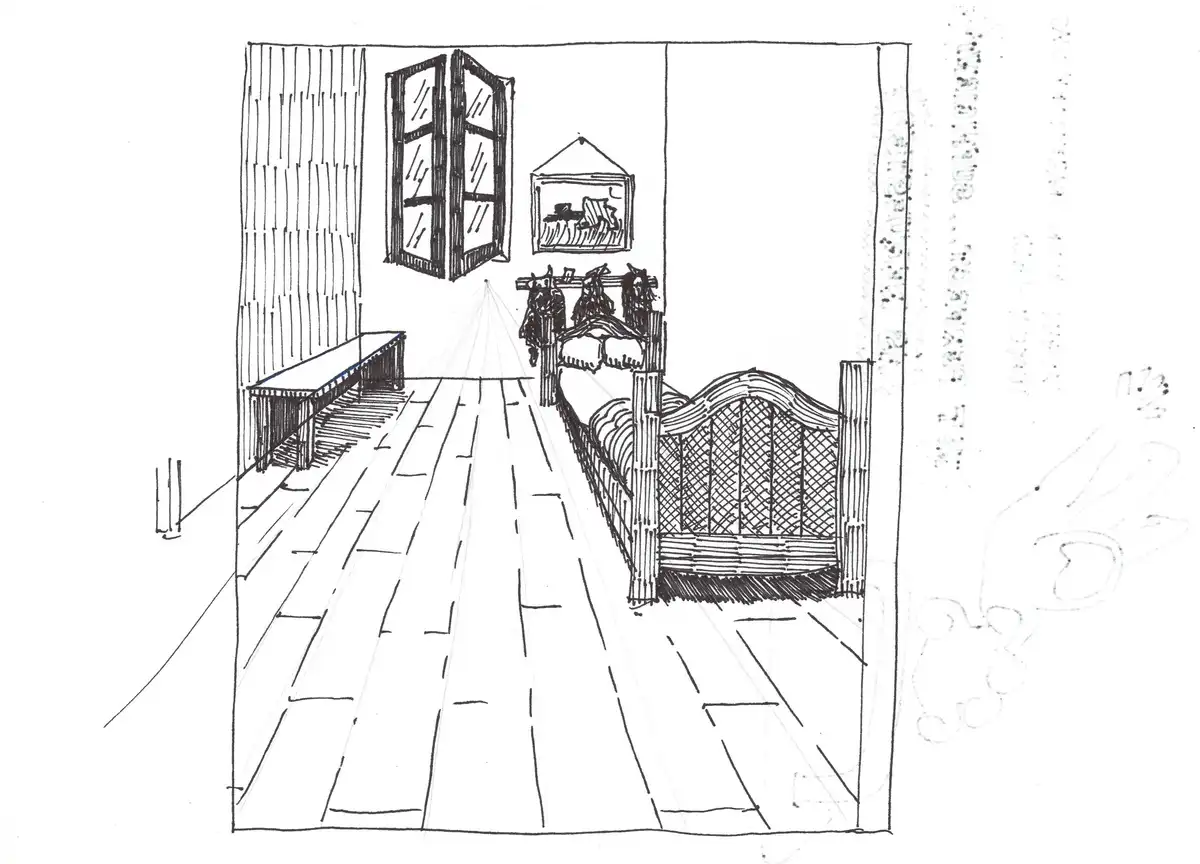 A black-and-white sketch of a bedroom with a bed, a window, and a bench, with the text 'i'm not lazy, i'm in deep thought'…