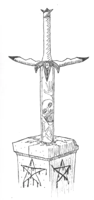 A black-and-white sketch depicts a sword embedded vertically in a stone pedestal. The sword has a star on its pommel and a…