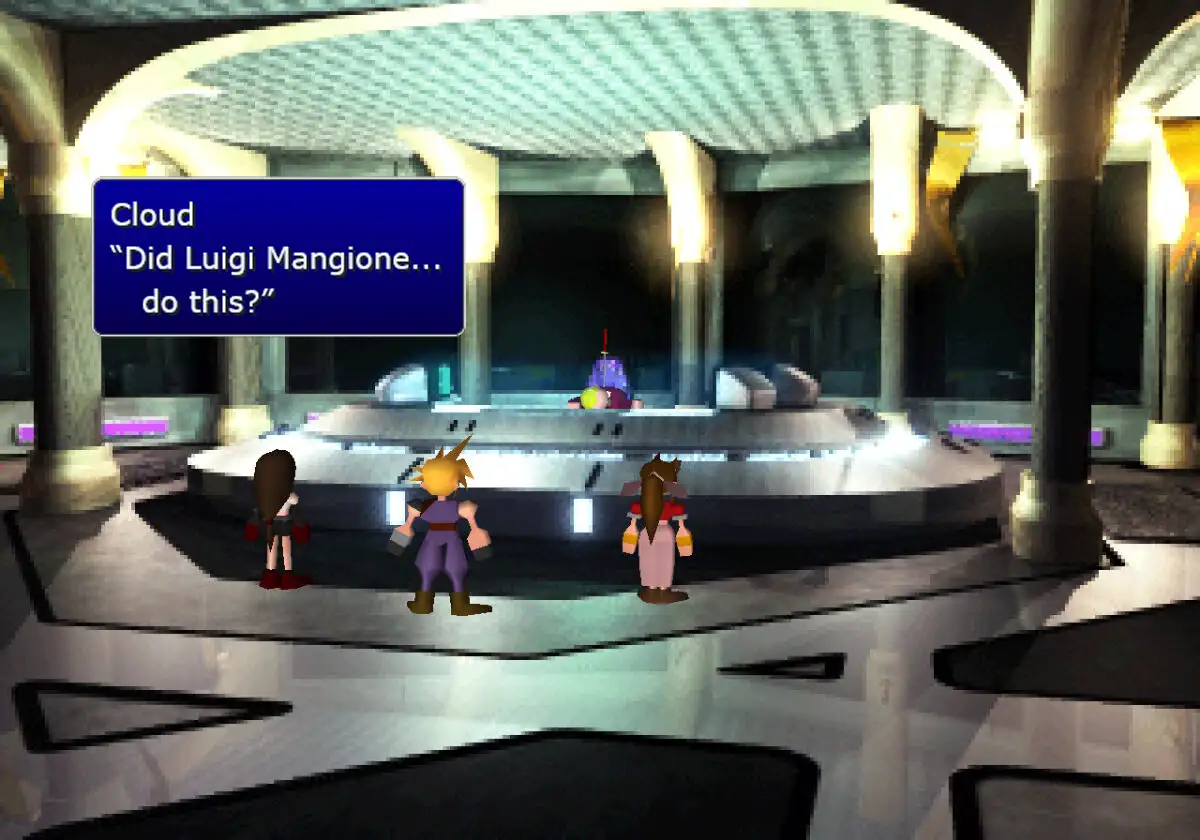 Three video game characters stand in a futuristic room facing a broken or damaged object. A blue dialogue box shows Cloud…