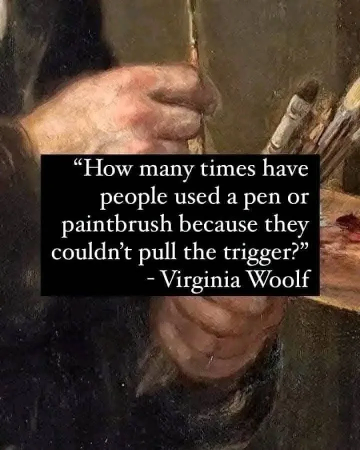 A close-up of a classical painting shows a person's hand gripping a paintbrush tightly, with other brushes and a palette…
