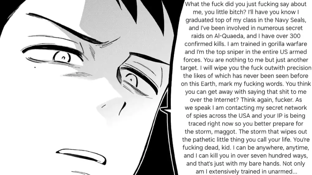 A black-and-white manga-style close-up of a man's face, showing intense, angry eyes and a stern expression. Overlaid on the…