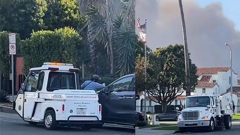 A split image shows a Santa Monica Police traffic services vehicle stopping a car on the left, and a large white tow truck…