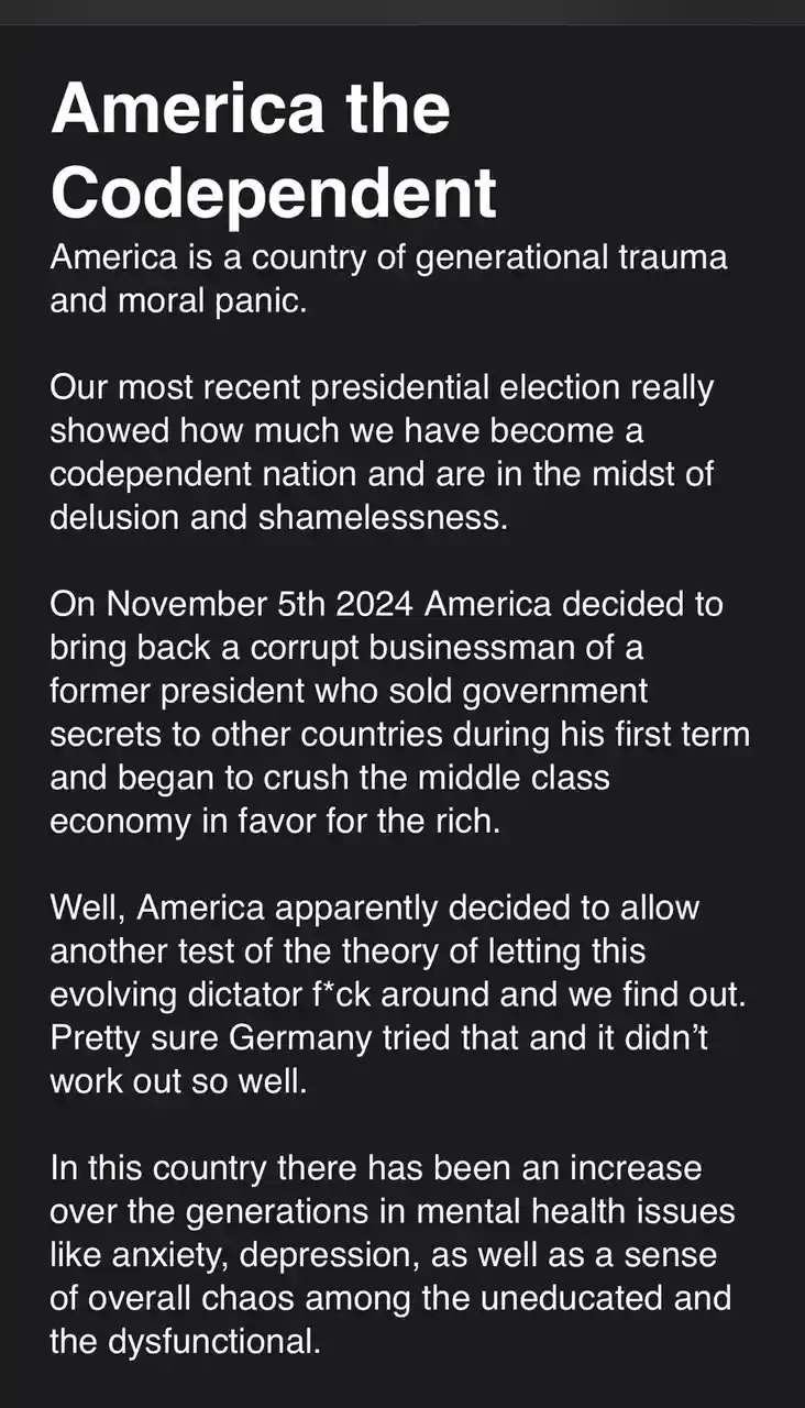 The image is a black background with white text titled 'America the Codependent'. It contains a multi-paragraph critique of…