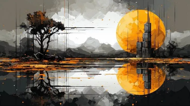 A stylized digital painting depicts a surreal landscape with a lone tree on the left and a futuristic, blocky skyscraper on…