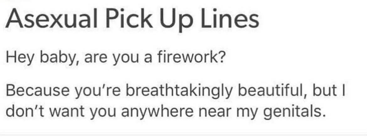 A white background image displays black text titled 'Asexual Pick Up Lines', followed by a joke pickup line: 'Hey baby, are…